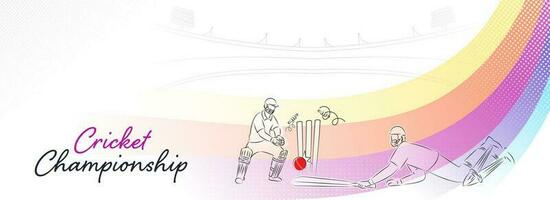 Cricket Championship Concept With Run Out Batsman And Wicket Keeper Player And Colorful Striped Wave On White Stadium Background. vector
