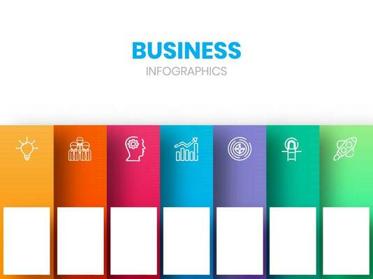 Business Infographics Template Layout With Seven Icon Options And Space For Text On White Background.
