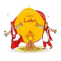 Happy Lohri Celebration Concept With Punjabi Couple Playing Sapp Instruments And Bonfire Over Rangoli On White Background. vector