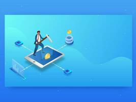 Businessman Mining Cryptocurrency At Smartphone Screen On Blue Background. Web Banner Or Template Design. vector