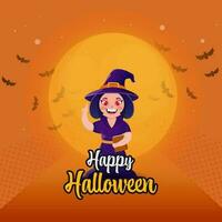 Sticker Style Happy Halloween Font With Cheerful Witch Holding Book And Flying Bats On Orange Halftone Background. vector