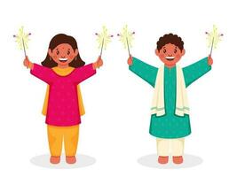 Cheerful Young Boy And Girl Holding Sparkling Sticks On White Background. vector