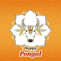 Sticker Style Happy Pongal Font With Doodle Style Cow Or Bull Face On Orange Texture Background. vector