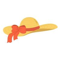 Isolated yellow straw hat with red bow and brim on white background in flat style. Summer recreation vector