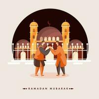 musulmán hombres participación manos a cada otro en frente de mezquita ilustración para Ramadán Mubarak concepto. vector
