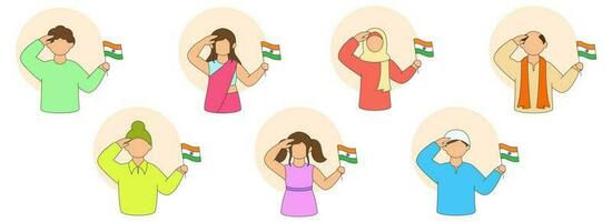 Different Religion People Saluting With Hold Indian Flag On White Background. vector