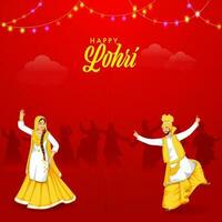 Illustration Of Punjabi People Doing Bhangra Dance On Red Background For Happy Lohri Celebration Concept. vector