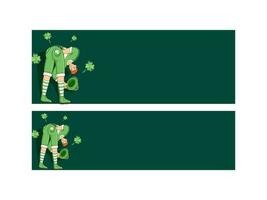 Illustration Of Cartoon Leprechaun Man With Clover Leaves And Space For Text On Green Background. Header Or Banner Design. vector