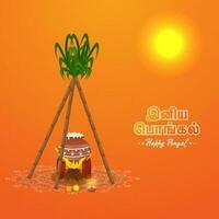 Sticker Style Happy Pongal Font In Tamil Language With Traditional Making Of Pongal Rice And Sugarcane On Sun Orange Background. vector