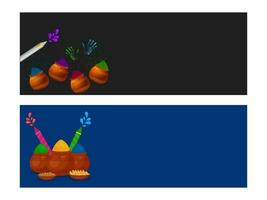 Social Media Header Or Banner Design With Mud Pots Full Of Powder, Indian Sweets And Water Gun In Two Color Options. vector