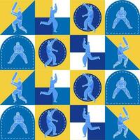 Sticker Style Cricket Players On Colorful Geometric Square Pattern Background. vector