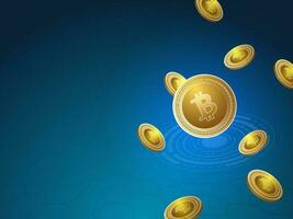 3D Golden Bitcoins Flying On Blue Futuristic Background. vector