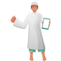 Cheerful Muslim Young Boy Present Smartphone In Traditional Attire. vector