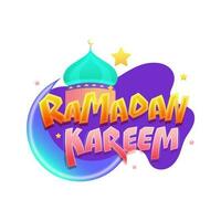 Ramadan Kareem Font With Glossy Crescent Moon, Stars And Mosque On White Background. vector