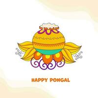 Happy Pongal Celebration Poster Design With Traditional Dish In Mud Pot And Floral On White Background. vector