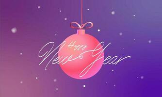 White Happy New Year Font Over Bauble Hang On Gradient Purple Background. vector