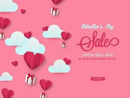 San Valentín día rebaja póster diseño con descuento oferta, papel cortar corazón globos, regalo cajas y nubes en rosado antecedentes. vector