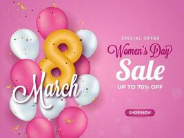For Women's Day Sale Poster Design With Glossy 8 Number Of March And Balloons. vector