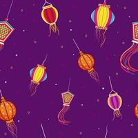 Colorful Lanterns Hang Decorated On Purple Background. vector