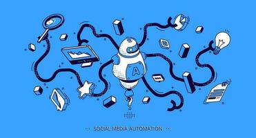 social medios de comunicación automatización isométrica bandera. seo vector