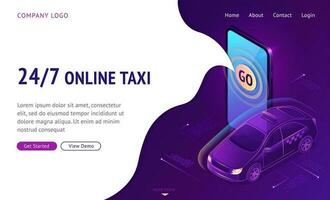 Online taxi isometric landing page web banner vector