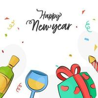 Happy New Year Font With Confetti Ribbons, Champagne Bottle, Drink Glass, Gift Box And Fireworks Rocket On White Background. vector