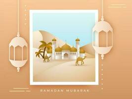 Image Or Frame Of Exquisite Mosque With Desert View And Hanging Lanterns For Ramadan Mubarak Concept. vector