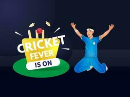 Cricket Fever Is On Concept With Bowler Player In Winner Pose And Red Ball Hitting Wicket Stumps On Black Background. vector