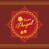 Happy Pongal Font With Mud Pot Of Traditional Dish, Coconut On Red Mandala Frame Background. vector