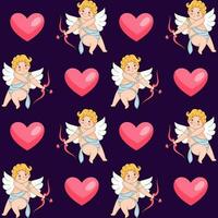 Endless Heart And Cupid Pattern Decorated On Purple Background. vector