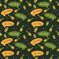 Seamless Pattern Of Let's Party Font With Champagne Bottles, Can And Snowfall On Black Background. vector