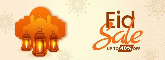 Eid Sale Banner Or Header Design With Silhouette Mosque And 3D Lit Lanterns. vector