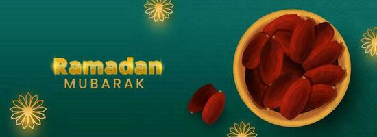 Golden Ramadan Mubarak Text With Top View Of Dates Bowl On Green Arabic Pattern Background. vector