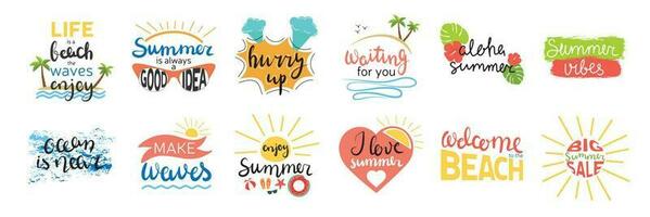 Big collection of hand drawn calligraphy lettering summer words. Summer labels, logos, hand drawn tags and elements set for summer holiday, travel, beach vacation, sun. vector