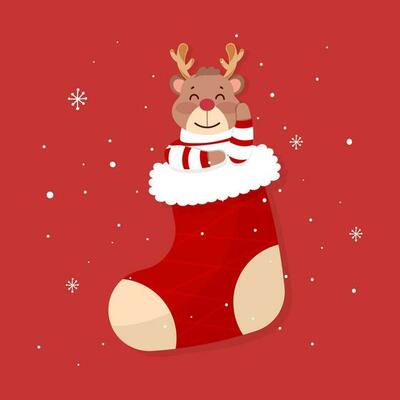 Cartoon Reindeer Inside Santa Sock And Snowfall On Red Background.