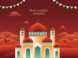 Ramadan Kareem Concept With Exquisite Mosque On Red Desert View Background. vector