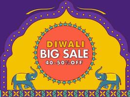 For Diwali Big Sale Poster Design With Cartoon Elephants In Yellow And Purple Color. vector