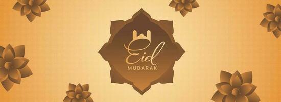 Eid Mubarak Font Over Brown Frame And Floral Decorated On Orange Islamic Pattern Background. Header Or Banner Design. vector
