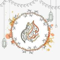 Arábica caligrafía de Ramadán kareem dentro hojas redondo marco con garabatear linternas, estrella y verderón bandera en blanco antecedentes. vector
