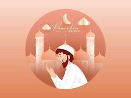 Ramadan Kareem Concept With Muslim Man Offering Namaz, Crescent Moon And Glossy Mosque On Peach Background. vector