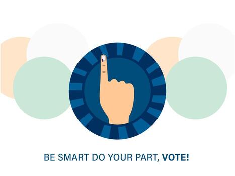 Be Smart Do Your Part, Vote Font With Voting Mark Index Finger Over Blue Token And Intersection Of Three Circles On White Background. vector