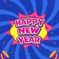 Sticker Style Happy New Year Font With Exploding Party Poppers On Colorful Pop Art Style Background. vector