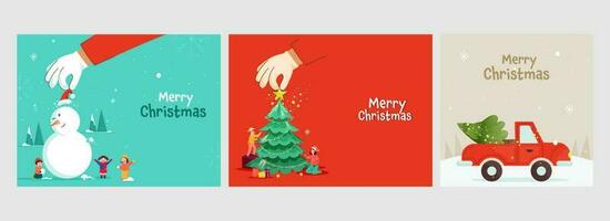 Merry Christmas Poster Or Greeting Card With Festival Elements In Three Color Options. vector