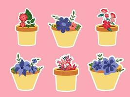 Colorful Flower Pots In Sticker Style On Pink Background. vector