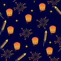 Blue Fireworks Background Decorated With Firecracker Rocket And Sky Lanterns. vector