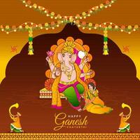 Maharashtrian Woman Touching Feet Of Lord Ganesha On The Occasion Of Happy Ganesh Chaturthi. vector