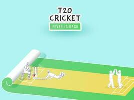 Sticker Style T20 Cricket Fever Is Back Text With Cricketer Players In Different Poses On Paper Scroll Playground. vector