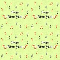 Happy New Year Font With Music Notes Decorated On Light Green Berry Branch Background. vector