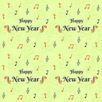 Happy New Year Font With Music Notes Decorated On Light Green Berry Branch Background. vector