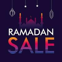 Ramadan Sale Poster Design With Gradient Mosque, Hanging Lanterns And Stars Decorated On Purple Background. vector